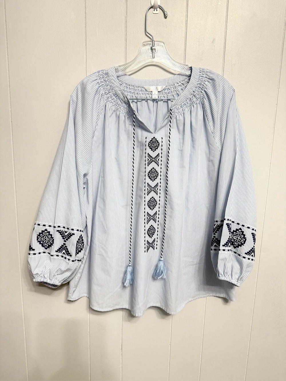#19) NWOT Light Blue Striped Peasant Blouse with Navy Embroidery